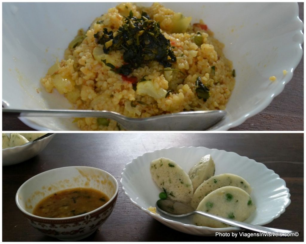 Café da Manhã em pousada indiana, Udaipur, Índia - Idlis, molho de legumes e cuscuz temperado