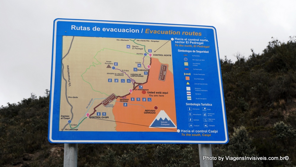 Presta atenção, rotas de evacuação, Vulcão Cotopaxi, Equador